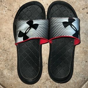 Under Armour Red Silver Black Slides Sandals